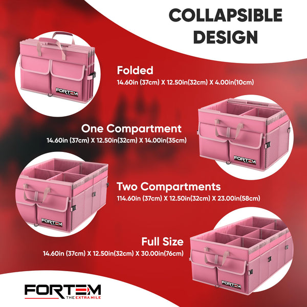 FORTEM Car Boot Organiser, Collapsible Multi Compartment SUV Organizer, Foldable Storage for Car Accessories for Women Men, 600D Oxford, Non Slip Bottom, Securing Straps, Soft Cover (50L)