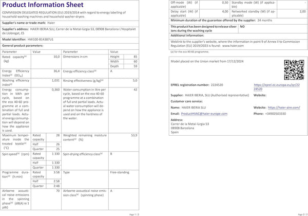 Haier X Series 9 Washing Machine, 10kg, 1400 rpm, A-30 percent Energy Class, Ultra Fresh Air, Refresh Cycle, Direct Motion Motor, 14 Programmes, White-Black Door, 57x60x85 cm -HW100-B14387UUK