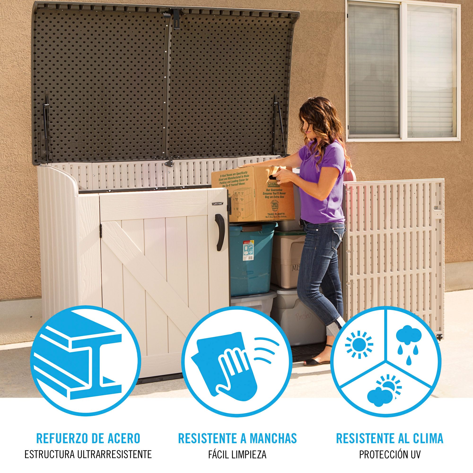 LIFETIME Plastic Wood Grain Textured Storage Box Desert Sand/Grey, 151x72x69 cm