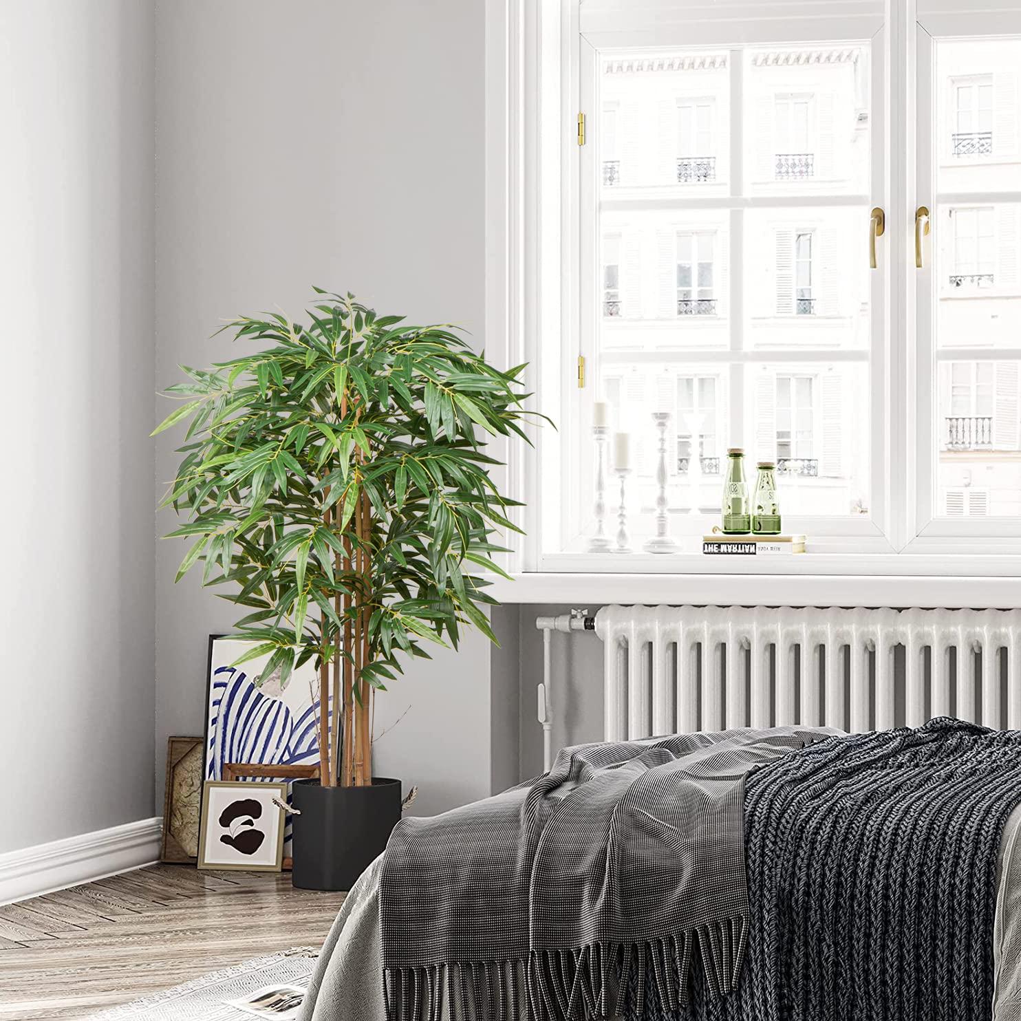 Hollyone 5ft Artificial Bamboo Plants Tall Artificial Plants, Decorative Fake Trees With Real Wood Trunks and Lifelike Leaves, for Home Living Room
