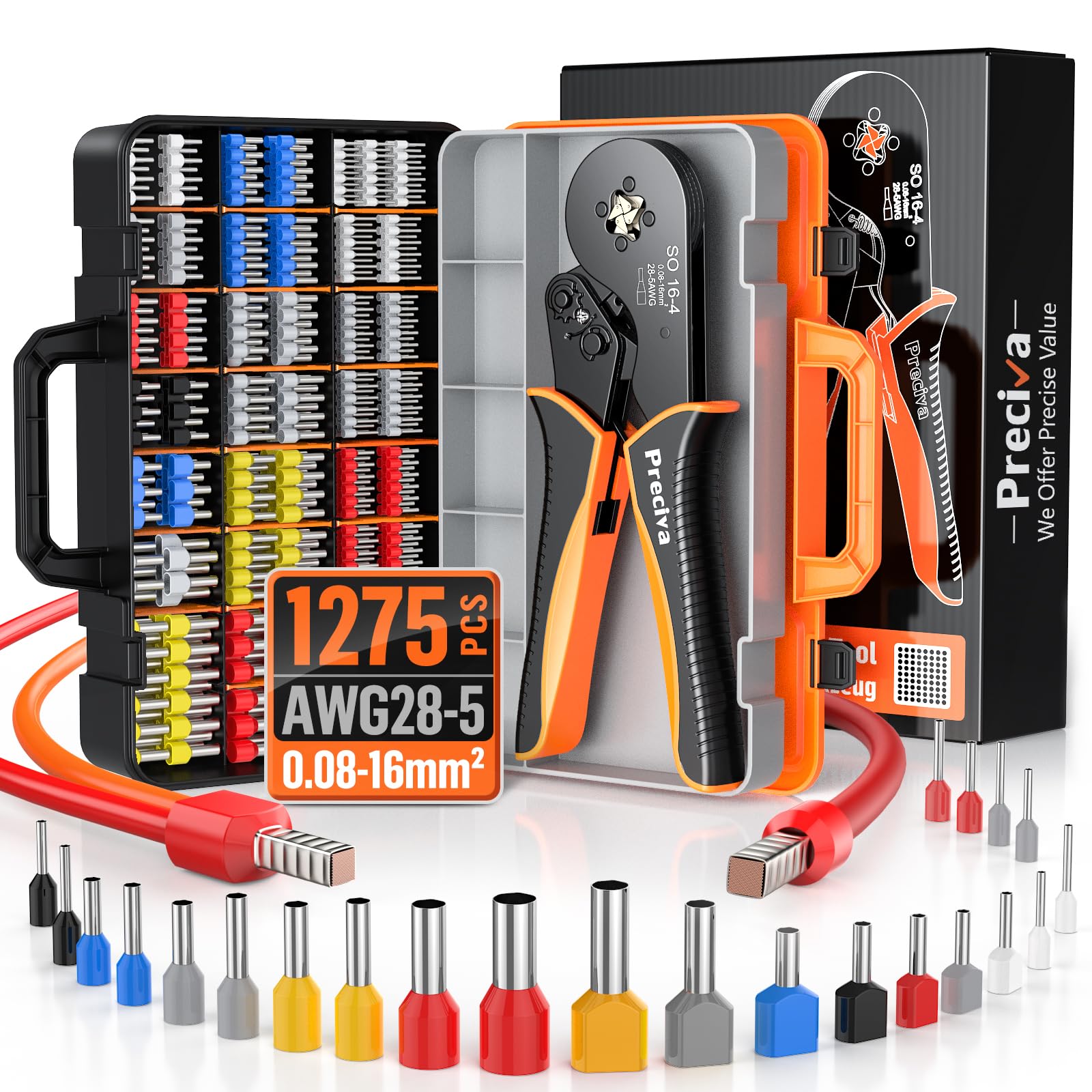 Preciva Wire Crimping Tool Kit,0.08-16mm² with 1275 Ferrules(265 Double Terminals), Ratchet Crimper Tool with Box, Ergonomic Wire Crimping Tool,Wire Connecters Plier