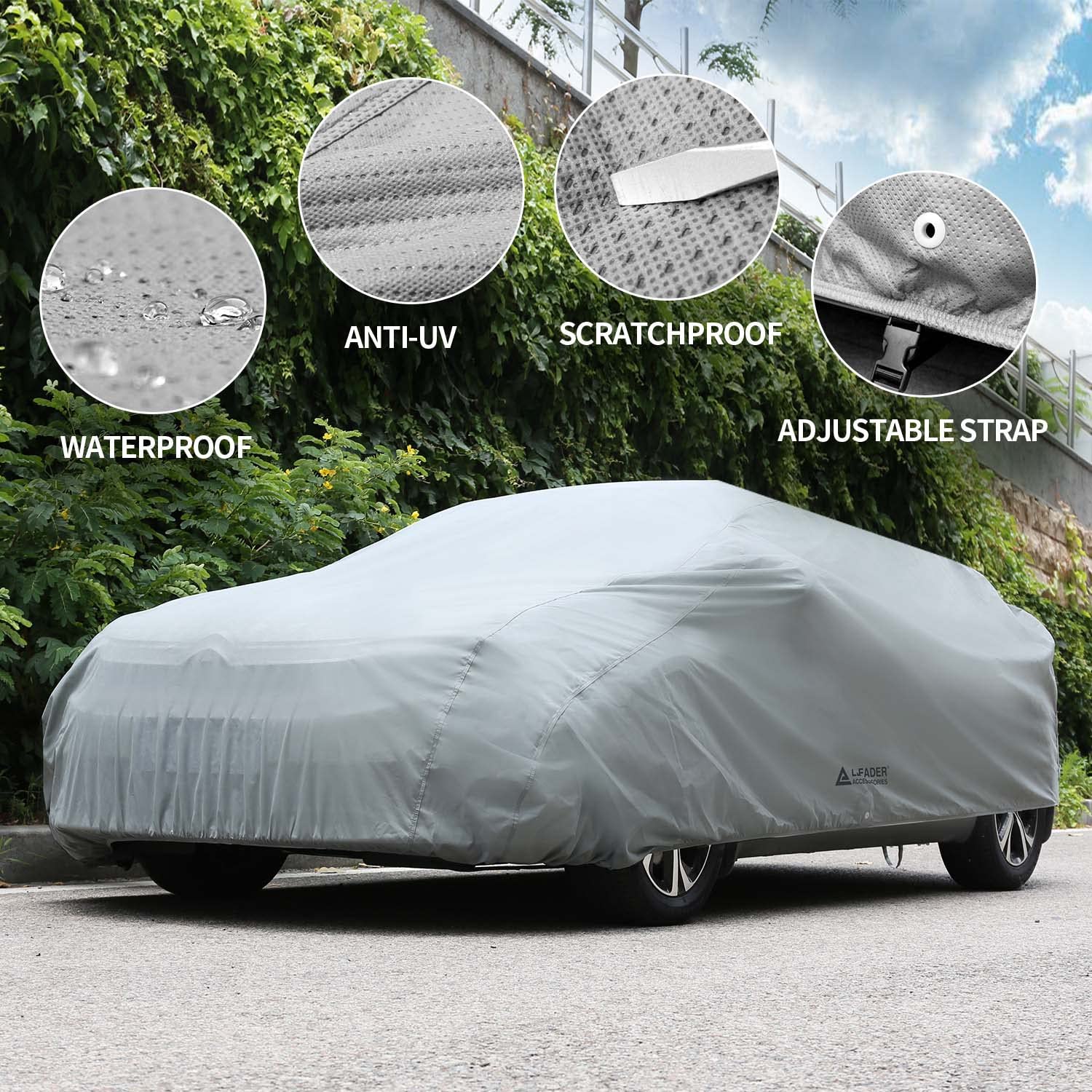 Leader Accessories Full Car Cover Premium 5 Layers Waterproof Breathable Vehicle Cover Universal Fit (Sedan-200"x61"x50",Grey,Outdoor)