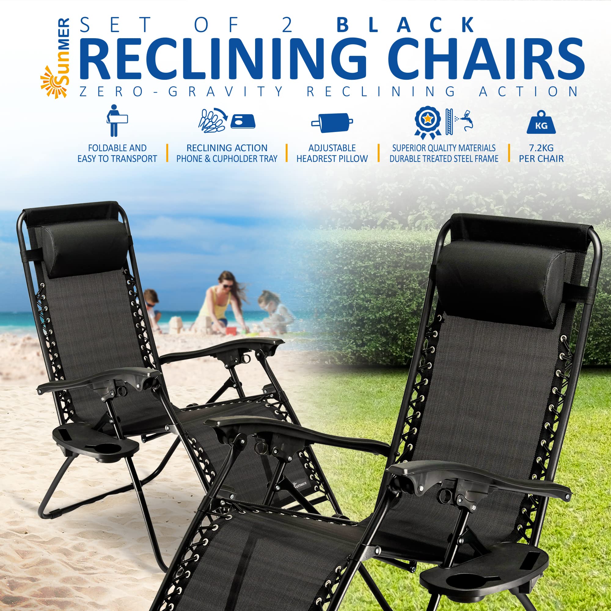 Set of 2 Sun Lounger Garden Chairs With Cup And Phone Holder | Adjustable Headrest Pillow | Deck Folding Recliner Zero Gravity Outdoor Chair - Black