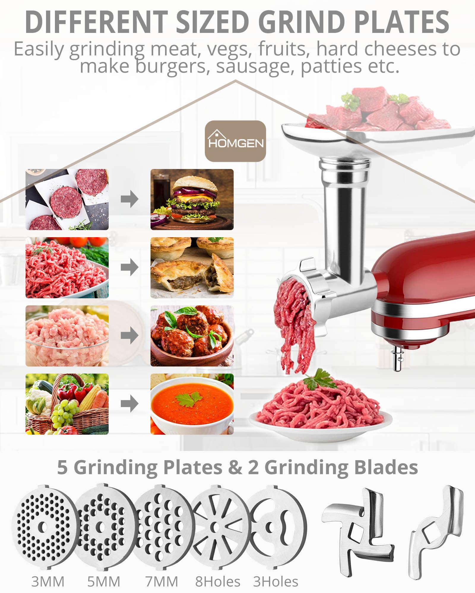 HOMGEN Meat Grinder Attachment for All Kitchenaid Stand Mixers - Durable Stainless Steel Food Meat Grinder Attachment Included 3 Sausage Stuffer
