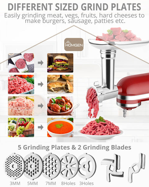 HOMGEN Meat Grinder Attachment for All Kitchenaid Stand Mixers - Durable Stainless Steel Food Meat Grinder Attachment Included 3 Sausage Stuffer