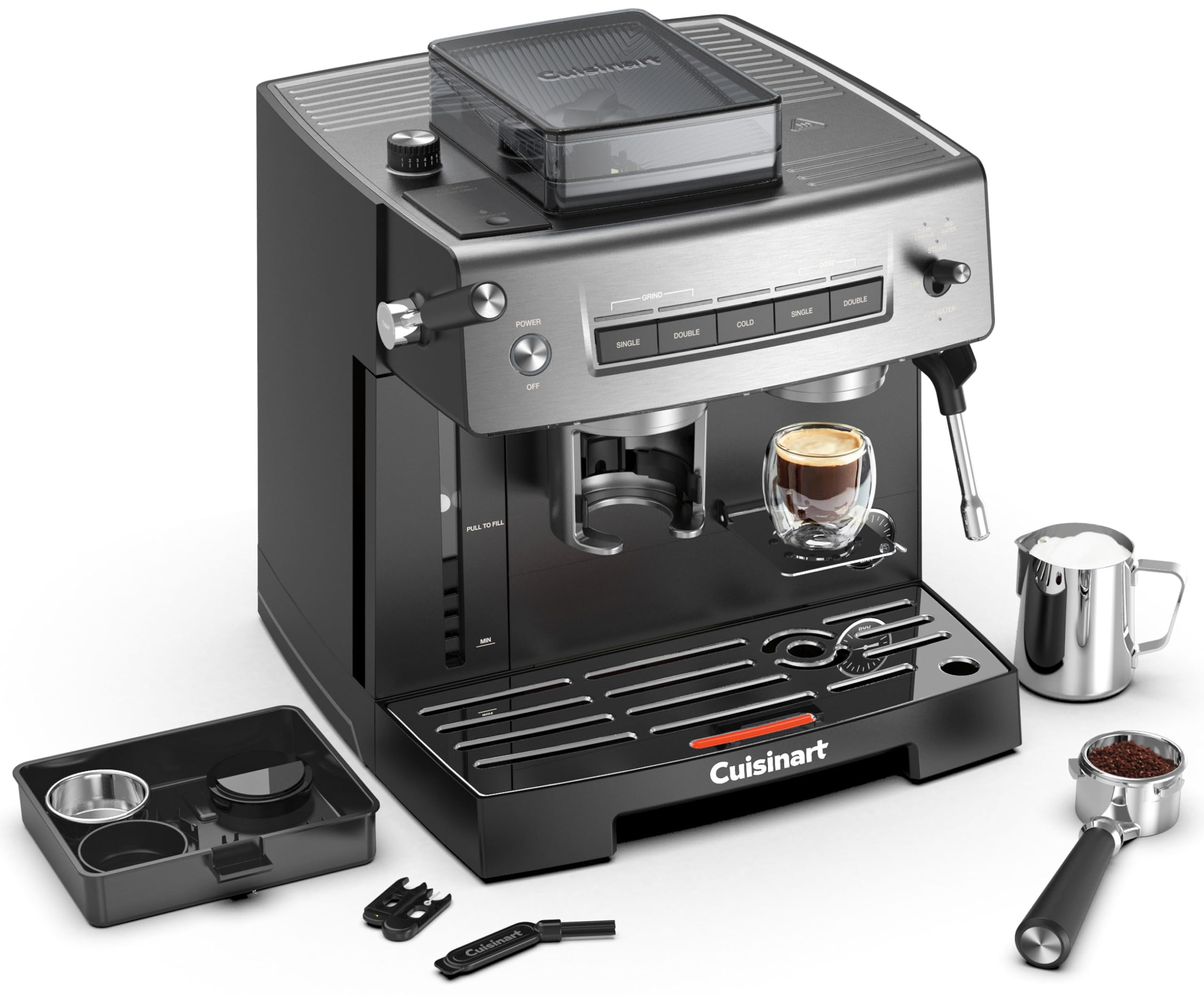Cuisinart® Slim Espresso Machine | Espresso, Americano, Cold Brew | Integrated milk frother for Lattes and Cappuccino | 15-Bar Pressure, Bottomless Portafilter |Compact Design, Travel Mug Compatible