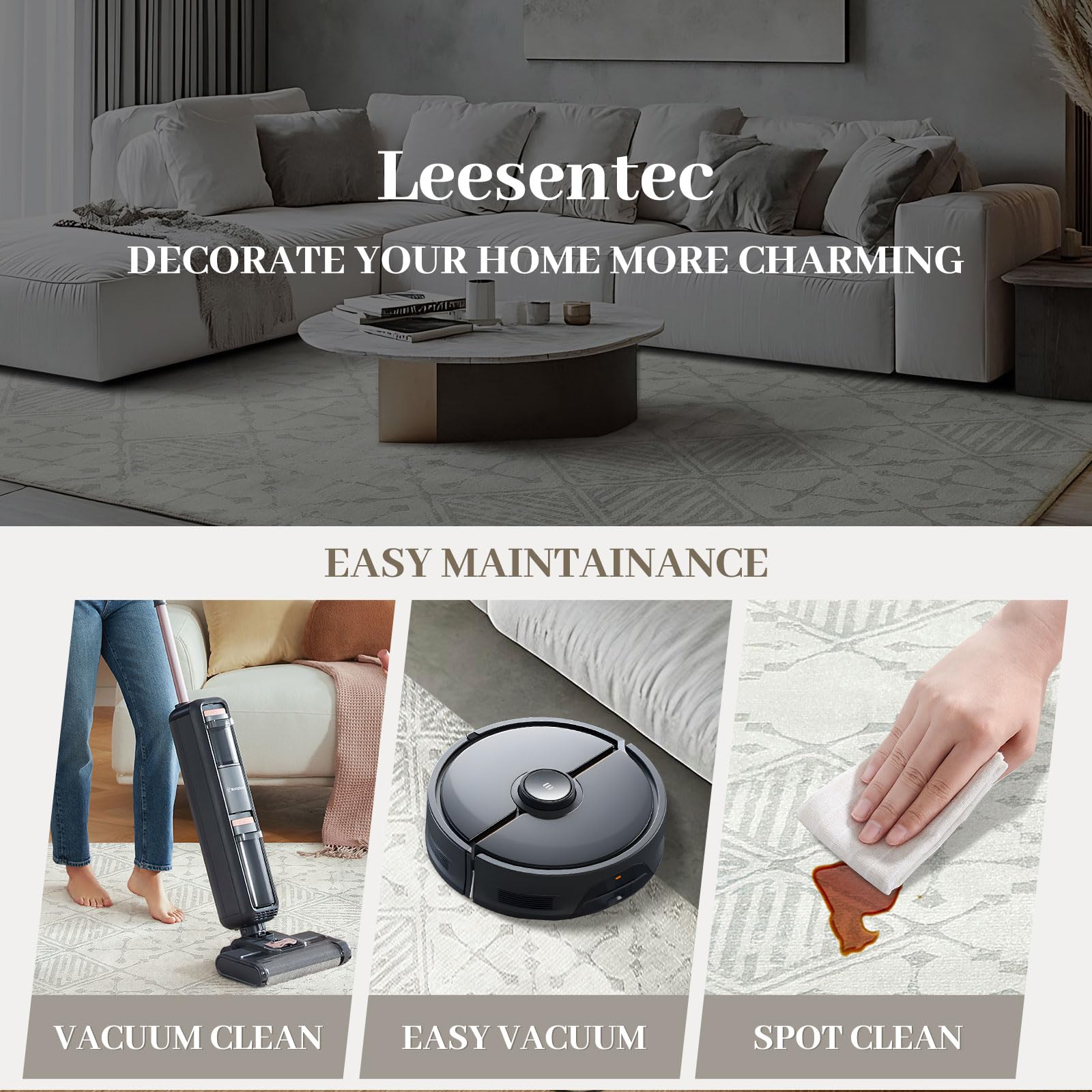 Leesentec Rugs Living Room Large 160x200cm Cream Grey White Rug for Bedroom Abstract Modern Geometrical Short Pile Rugs Easy Care Soft Non-slip Carpet