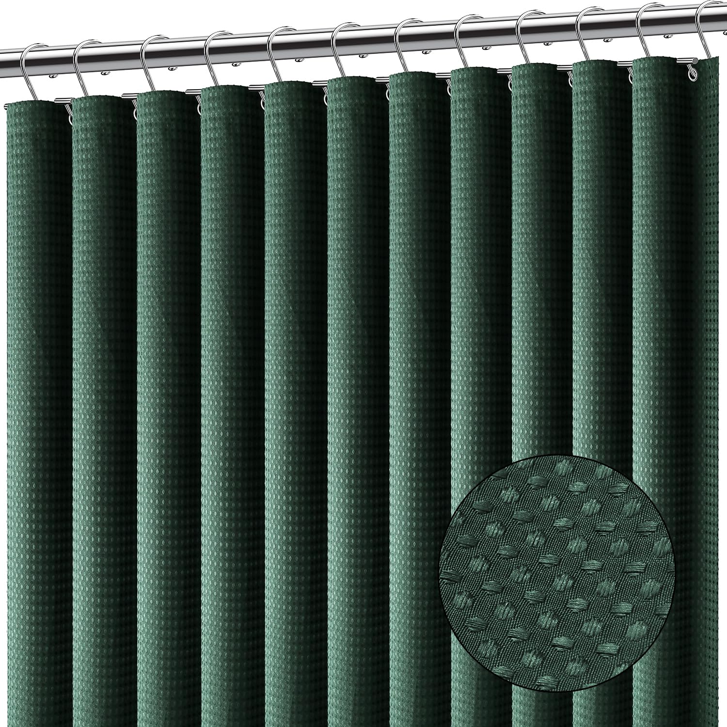 Clara Clark Hunter Green Shower Curtain - Hotel Quality Waffle Fabric Bath Curtain 72x72, Heavy Duty Waterproof Shower Curtains for Bathroom