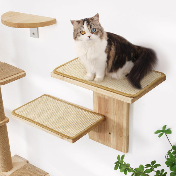 FUKUMARU Cat Wall Shelves, 2 Platform Wall-Mounted Furniture, Tree Shape Floating Shelf With Sisal Mat, Solid Rubber Wood Perch for 16 Inch Drywall,