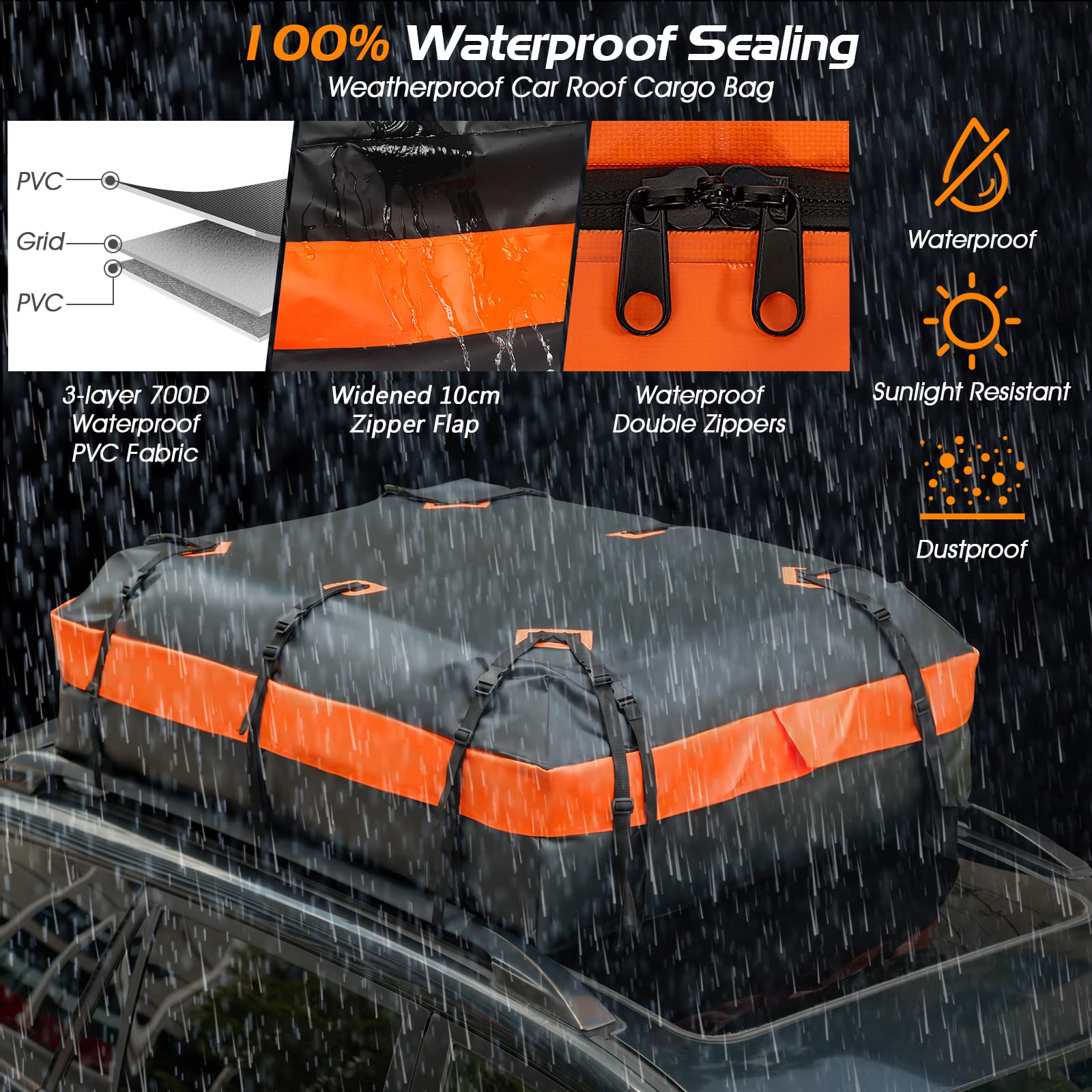 COSTWAY 15/21 Cubic Feet Car Roof Bag, 100% Waterproof Roofing Cargo Carrier with Anti-Slip Mat, Combination Lock & Straps, Rooftop Luggage Storage Box (Black, 21 Cubic Ft/600L)