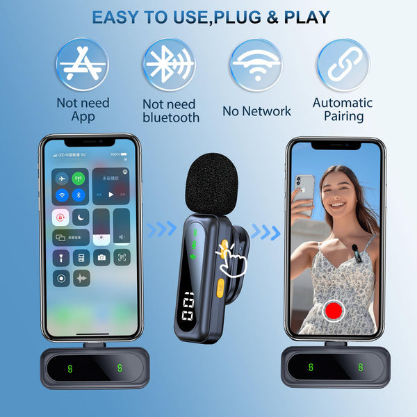 dralud 2 Pack Wireless Lavalier Microphone with Magnetic Clip, Microphone for iPhone Android Phone with USB-C, Mini Mic with Noise Cancellation for Video Recording TikTok YouTube