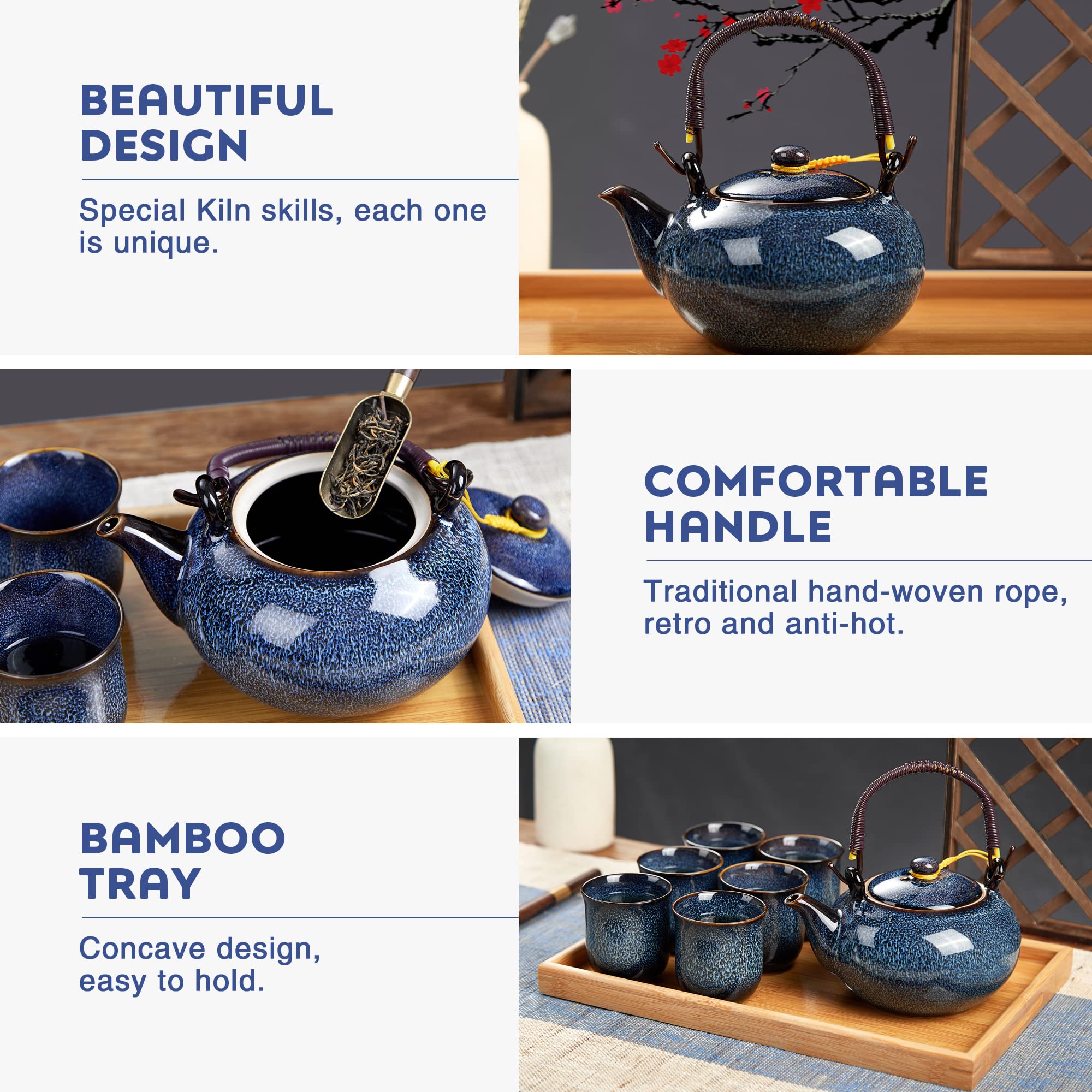 DUJUST Japanese Tea Set for 6, Kiln Altered Glaze Porcelain, Unique Blue, 23.5oz Teapot with 6 Cups & Bamboo Tray, Retro & Elegant, Heat-Proof Handle,