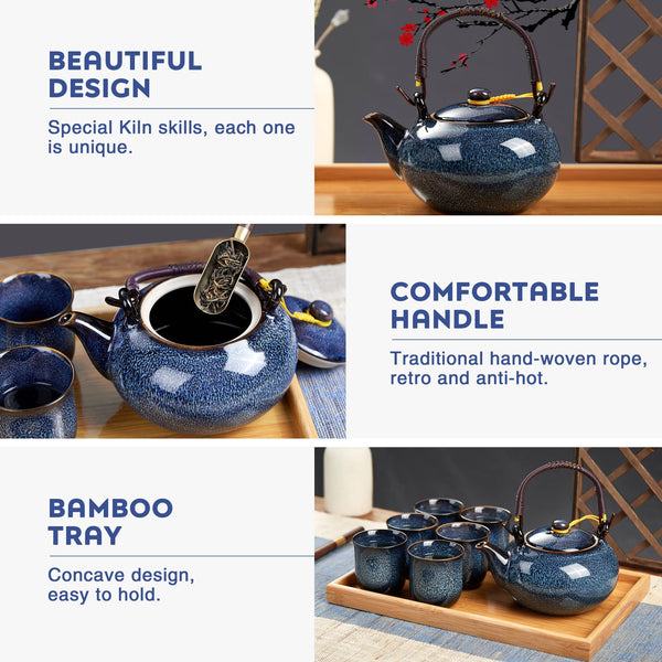 DUJUST Japanese Tea Set for 6, Kiln Altered Glaze Porcelain, Unique Blue, 23.5oz Teapot with 6 Cups & Bamboo Tray, Retro & Elegant, Heat-Proof Handle,