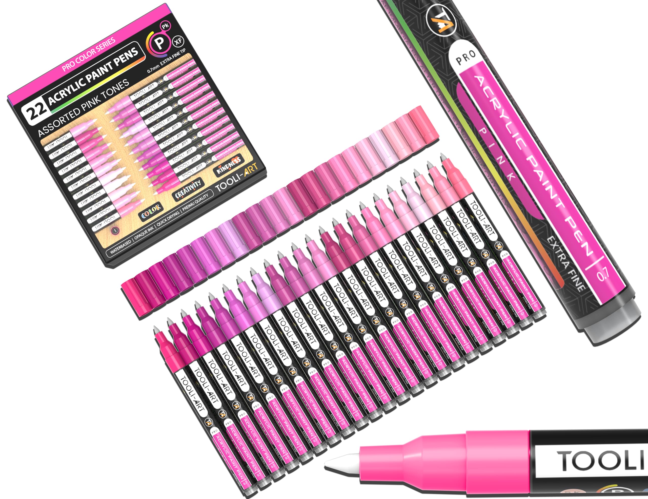 Acrylic Paint Pens 22 Pink Tones Assorted Pro Colour Series Markers Set 0.7mm Extra Fine Tip for Rock Painting, Glass, Mugs, Wood, Metal, Canvas,