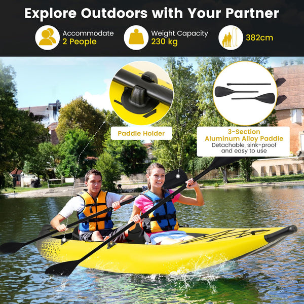 GYMAX Inflatable Kayak Set, 2-Person Inflatable Boat with Aluminum Oars, EVA Padded Seat, Fins, Hand Pump, Repair Kit and Carry Bag, Blow Up Canoe for Lakes, Rivers & Sea Shores