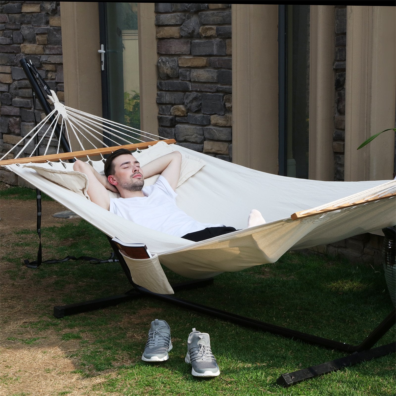 SONGMICS Double Hammock with 2 Pillows, Swing Bed Suitable for 2 Person, 70% Cotton, 210 x 150 cm, Load Capacity 300 kg, Beige GDC22M