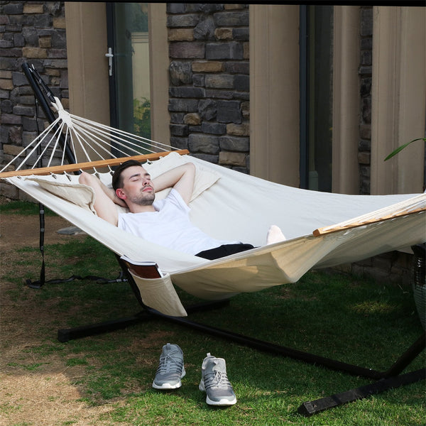 SONGMICS Double Hammock with 2 Pillows, Swing Bed Suitable for 2 Person, 70% Cotton, 210 x 150 cm, Load Capacity 300 kg, Beige GDC22M