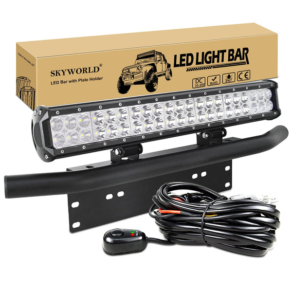 SKYWORLD LED Light Bar, 20 inch 126W Spot Flood Combo Beam Work Driving Lamp with Black License Plate Mounting Bracket Wiring Harness Kit for Truck Car ATV SUV 4X4 Truck Boat