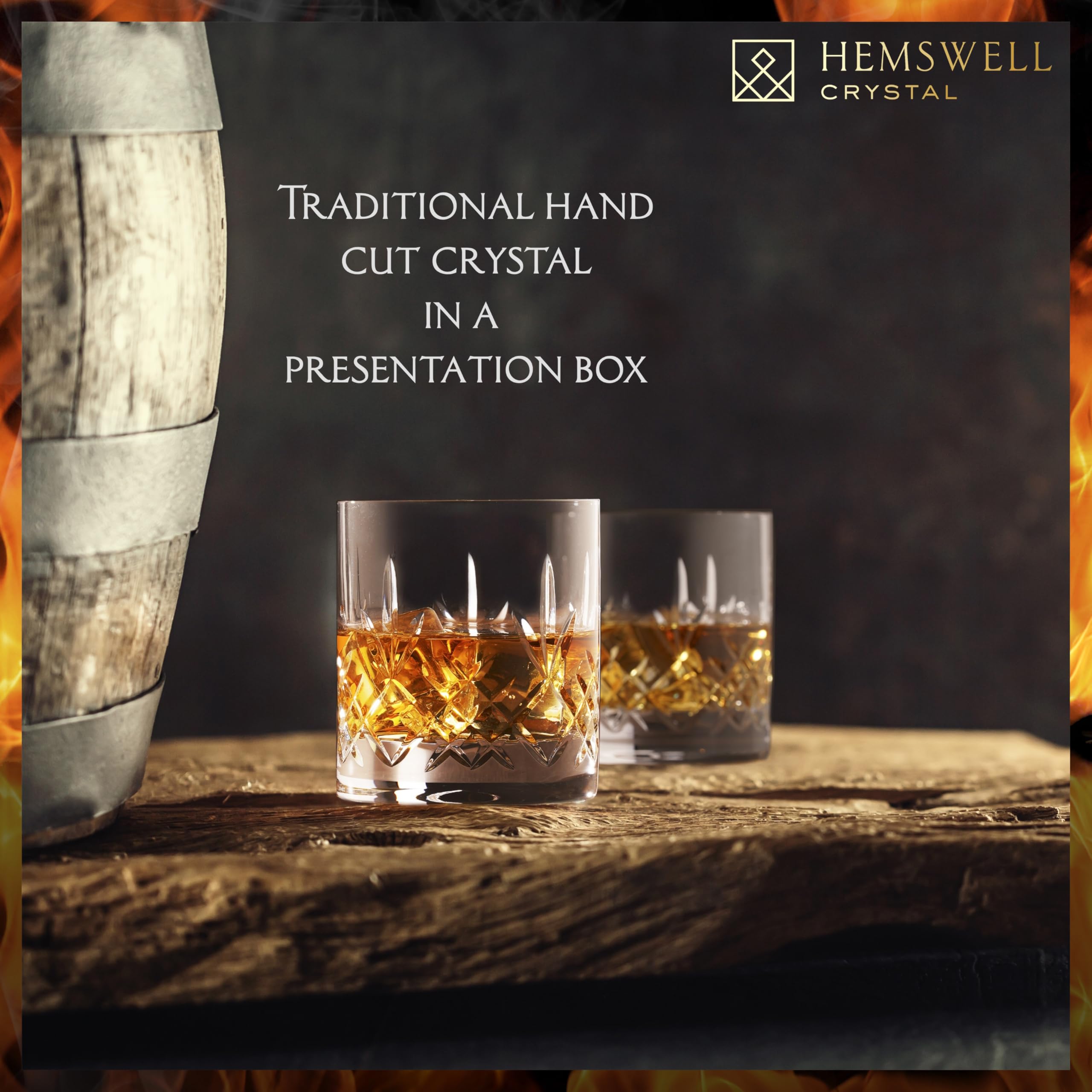 Hemswell Crystal Whisky Glasses Set of 2-310ml Crystal Whiskey Glasses - Cut Glass Tumblers - Traditional Cut Lead Free High Clarity Glass - Satin