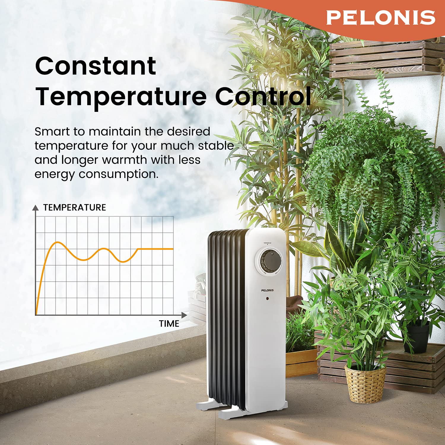 PELONIS Electric Radiator with Adjustable Thermostat and 3 Heat Settings, Oil Filled Heater with Overheat Protection (2500W, Knob Control)