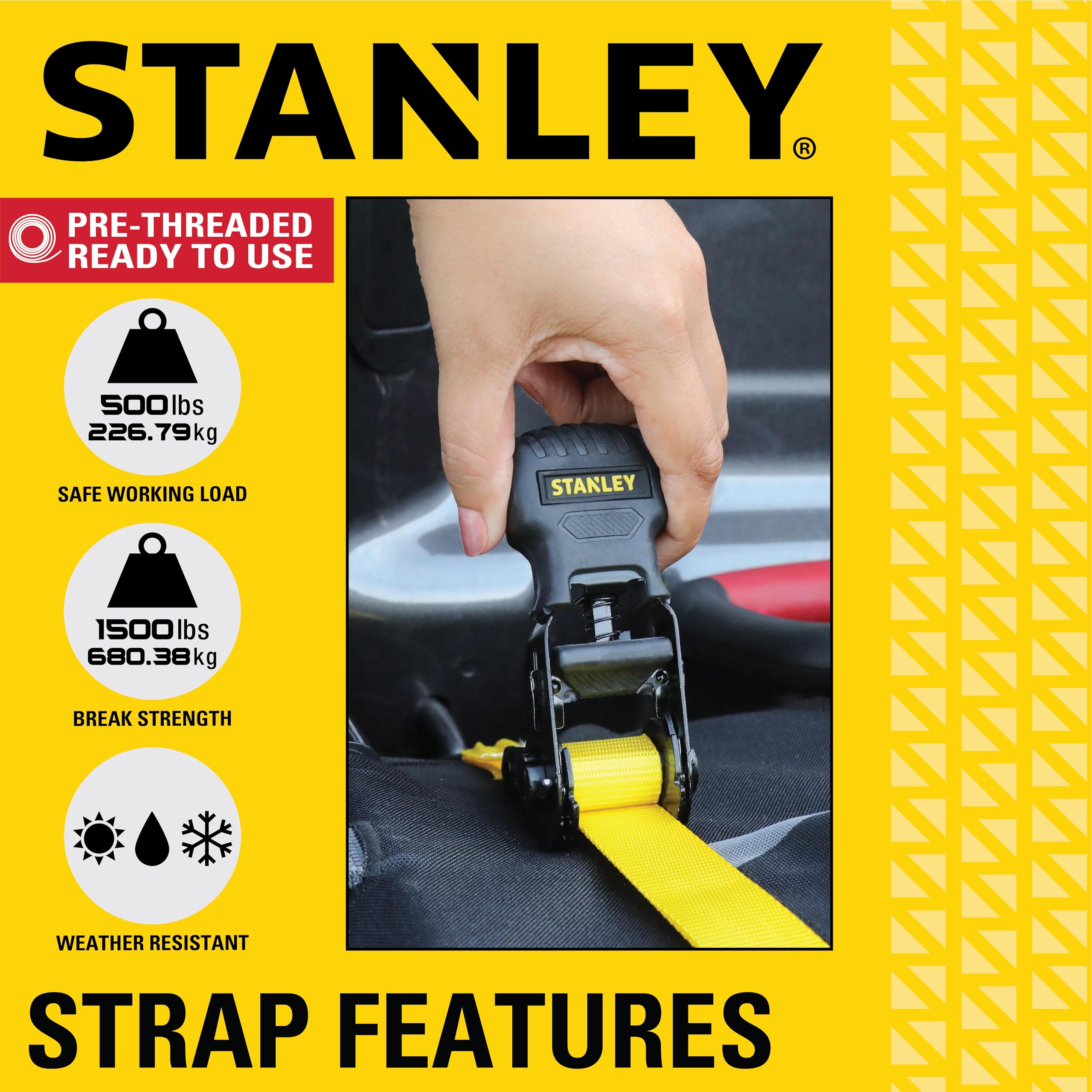 STANLEY S1007 Black/Yellow 1.5" x 16' Ratchet Tie Down Straps - 1,100 lb Safe Working Load / 3,300 lb Break Strength, 2 Pack