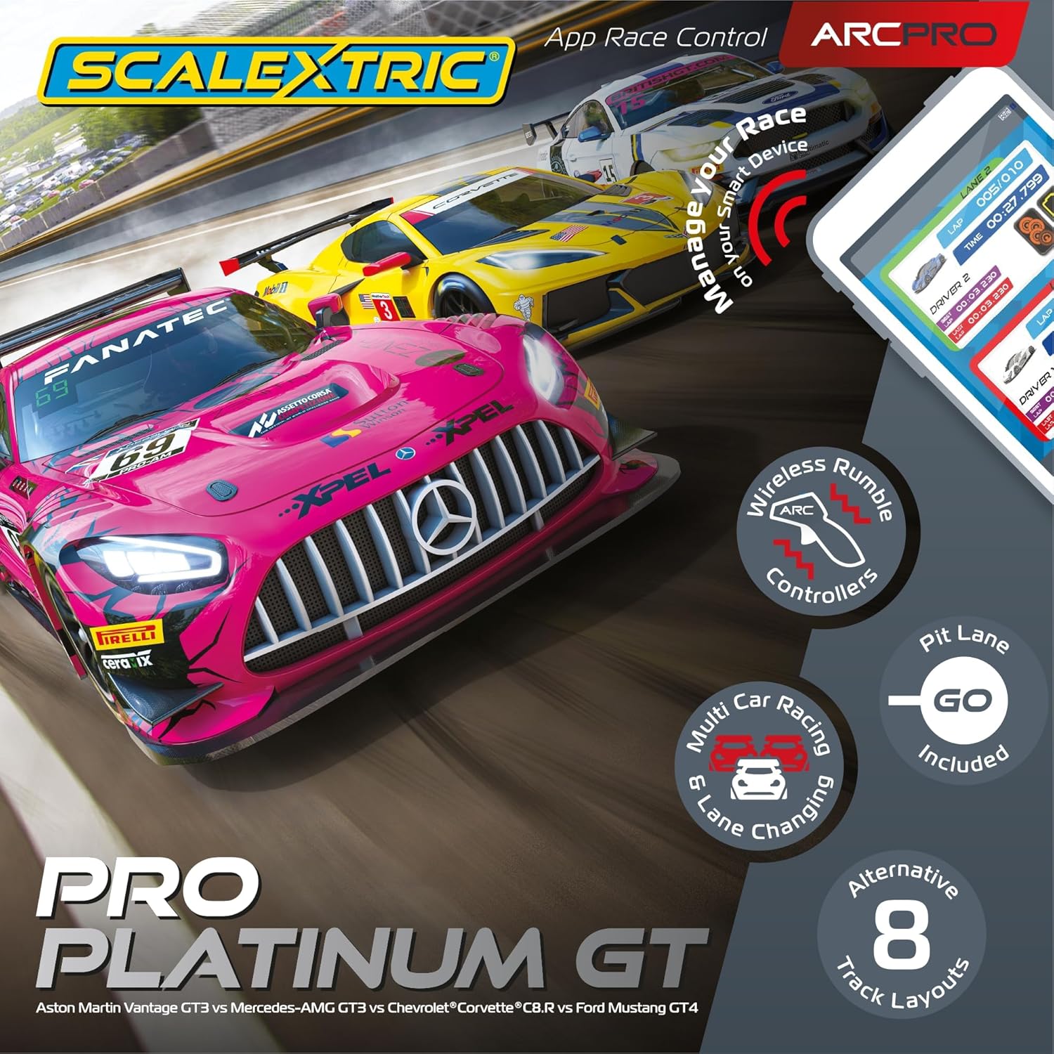 Scalextric Digital Racing Track Sets for Kids - ARC PRO: Pro Platinum Race Set - App Controlled Electric Kids Race Track Ages 8+, Slot Car Race Tracks, Multi-Car Racing & Lane Changing - 1:32 Scale