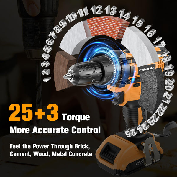 JYGMPRO Cordless Drill Driver 21V, Hammer Drill with 2 Batteries 2000mAh, 25+3 Torque, 42N.m Max Electric Drill, 30PCS Drill Bits, 2 Speed, LED Light for Home and Garden DIY Project