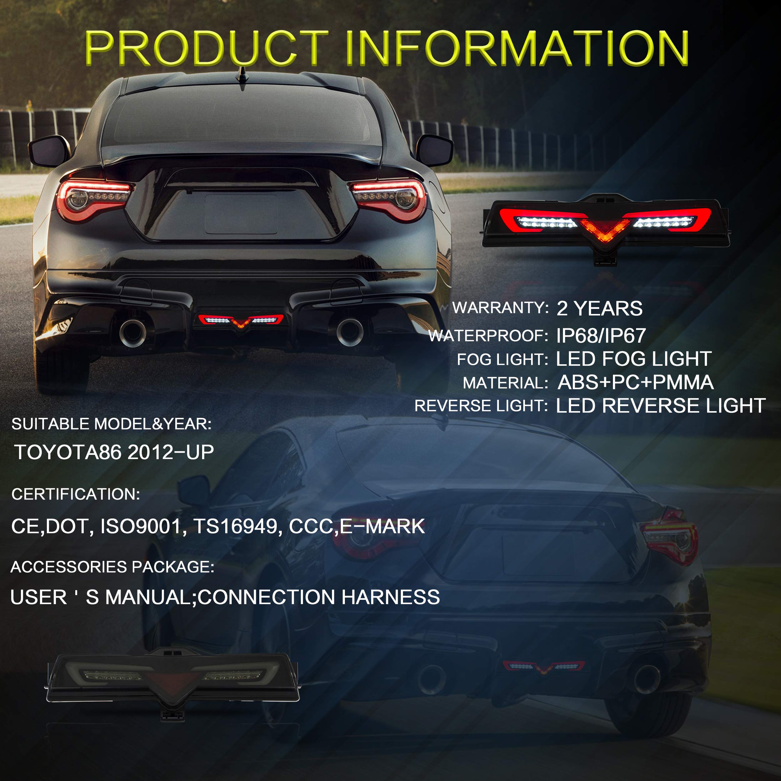 VLAND LED Tail Lights Compatible with Toyota 86 GT86 2012-2020/Subaru BRZ 2013-2020/Scion FR-S 2013-2020, Full LED Rear Light with Sequential Indicator, Red White Lens