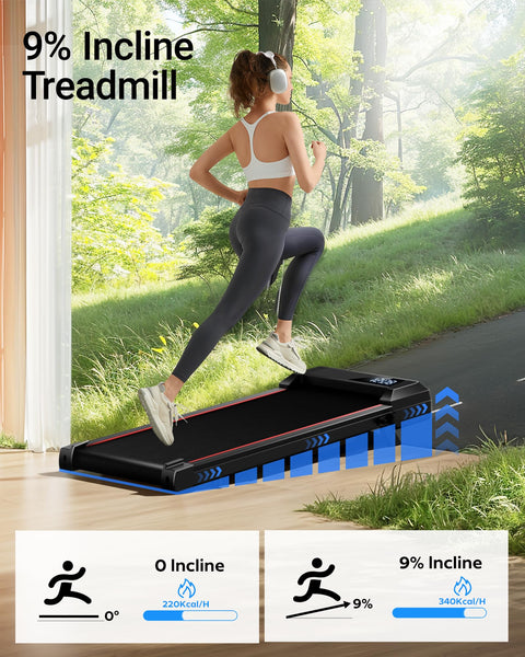 UMAY Walking Pad Treadmill with 9% Incline, Under Desk Treadmill with Diamond Pattern Running Belt, Lightweight Walking Running Electric Machine for Home Office with LED Display