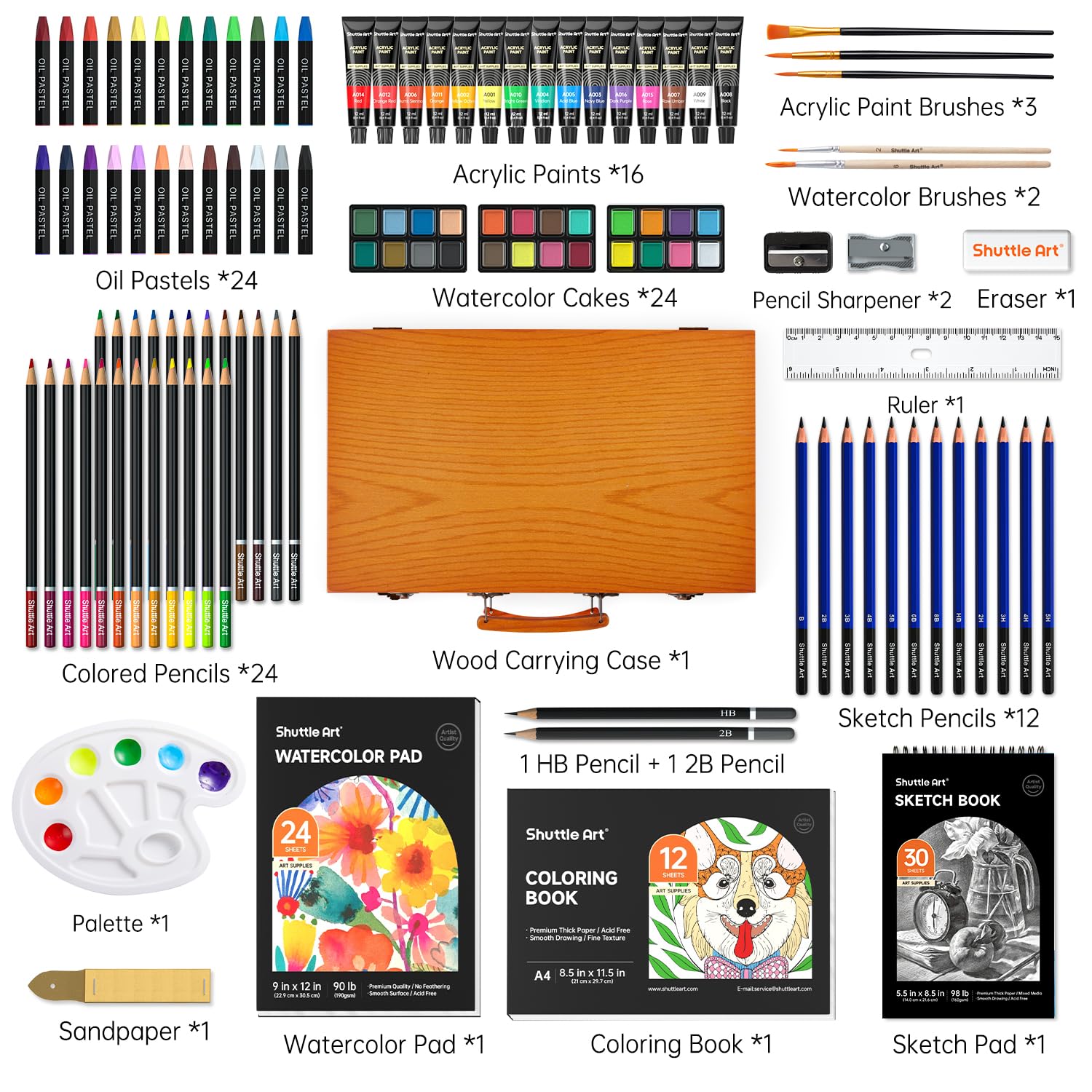 Shuttle Art 118 Piece Deluxe Art Set, Art Supplies in Wooden Case, Painting Drawing Art Kit with Acrylic Paint Pencils Oil Pastels Watercolour Cakes
