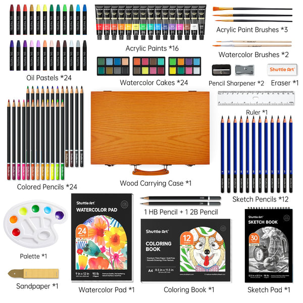 Shuttle Art 118 Piece Deluxe Art Set, Art Supplies in Wooden Case, Painting Drawing Art Kit with Acrylic Paint Pencils Oil Pastels Watercolour Cakes