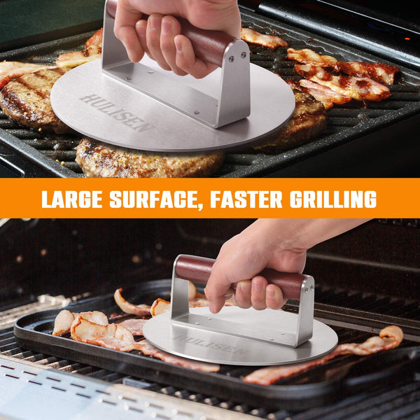 HULISEN 8.5-Inch Burger Press, 2.5 lbs Heavy Duty Bacon & Grill Press, Stainless Steel Smashed Burger Press, Round Smasher with Wood Handle, BBQ Griddle Accessories for Hamburger, Steak, Meat…