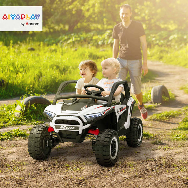 AIYAPLAY 2 Seater Ride on Truck, 24V 7AH Battery Powered Electric Ride On Car with Parental Remote Control, Spring Suspension, 3 Speeds, LED Lights, MP3, Horn, Music, White