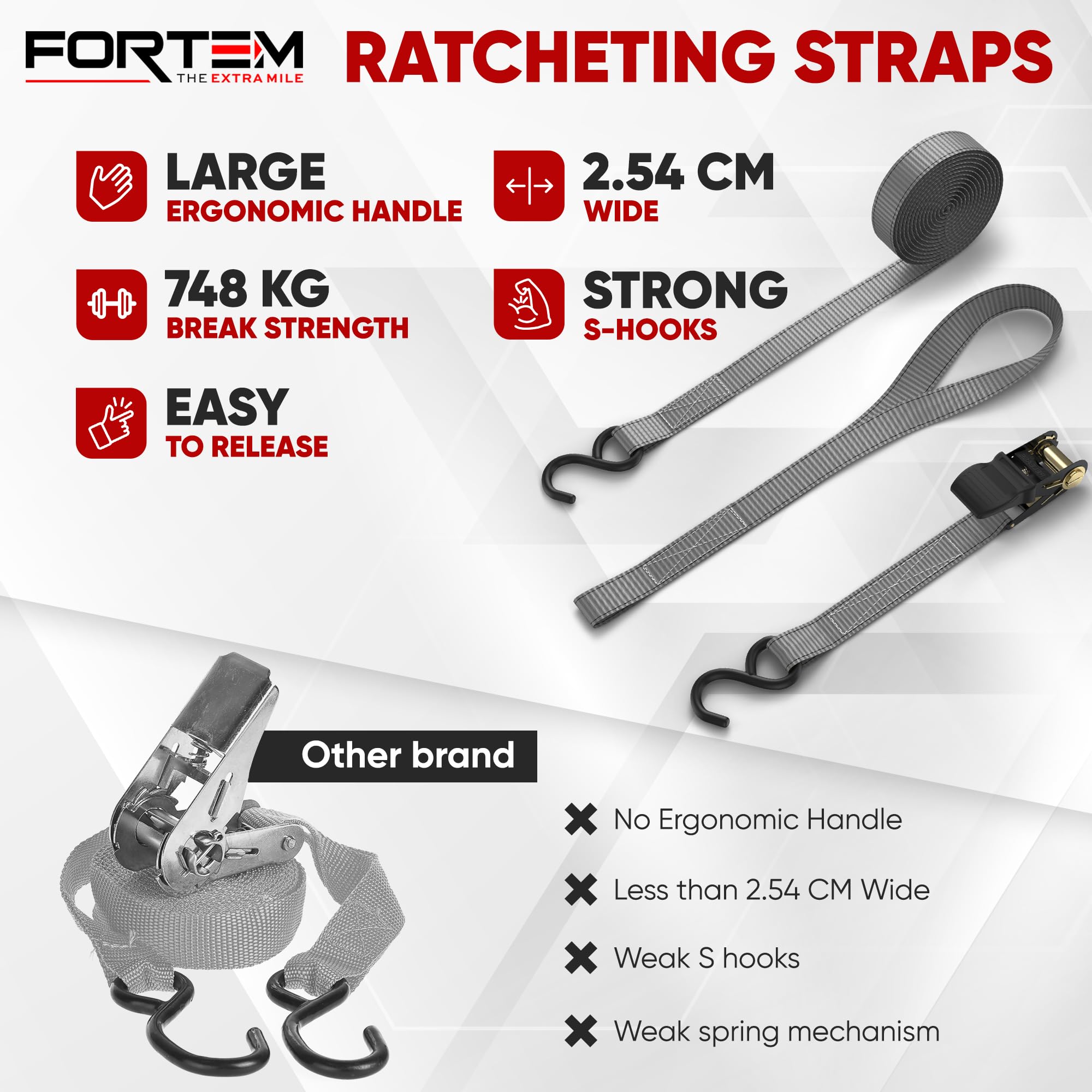 FORTEM Ratchet Straps, 748kg Break Strength, 4 Pack 4.6m x 2.54cm Tie Down Strap Set, 4 Soft Loops, Motorcycle Straps Tie Downs, Cargo Cam Buckles, Rubber Handles, Carry Bag
