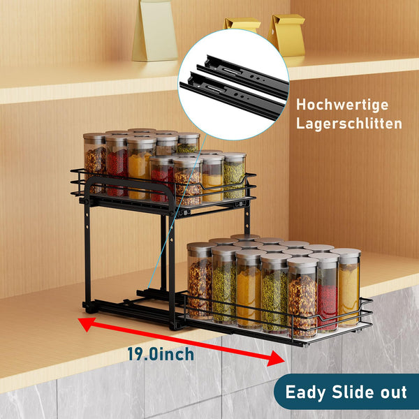 MAYZOLOP 2-Tier Pull Out Spice Rack With Adjustable Height for Inside Cupboard, Metal Kitchen Organiser, Storage Rack, 7.2in W x 10.4in L x 9in H