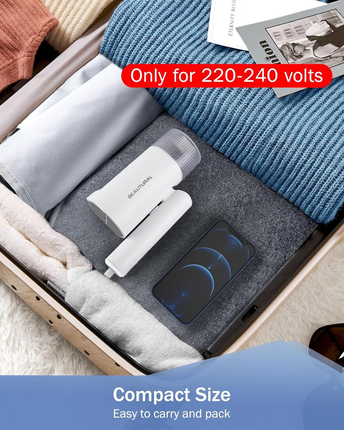 BEAUTURAL Clothes Steamer, Foldable Handheld Clothing Wrinkles Remover for Garments, Portable Mini Fabric Steam Iron for Home and Travel (White)