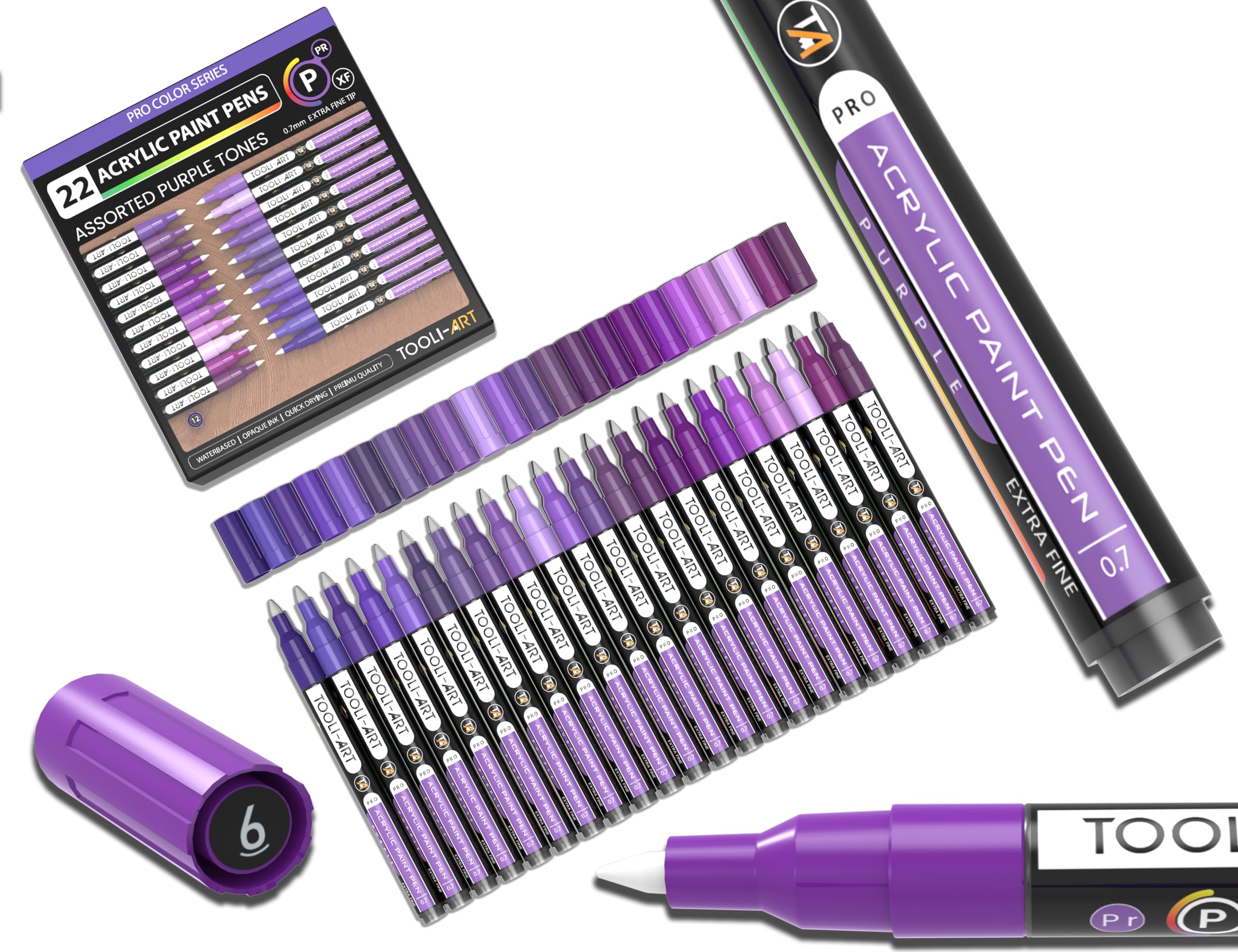 Acrylic Paint Pens 22 Purple Tones Assorted Pro Colour Series Markers Set 0.7mm Extra Fine Tip for Rock Painting, Glass, Mugs, Wood, Metal, Canvas,