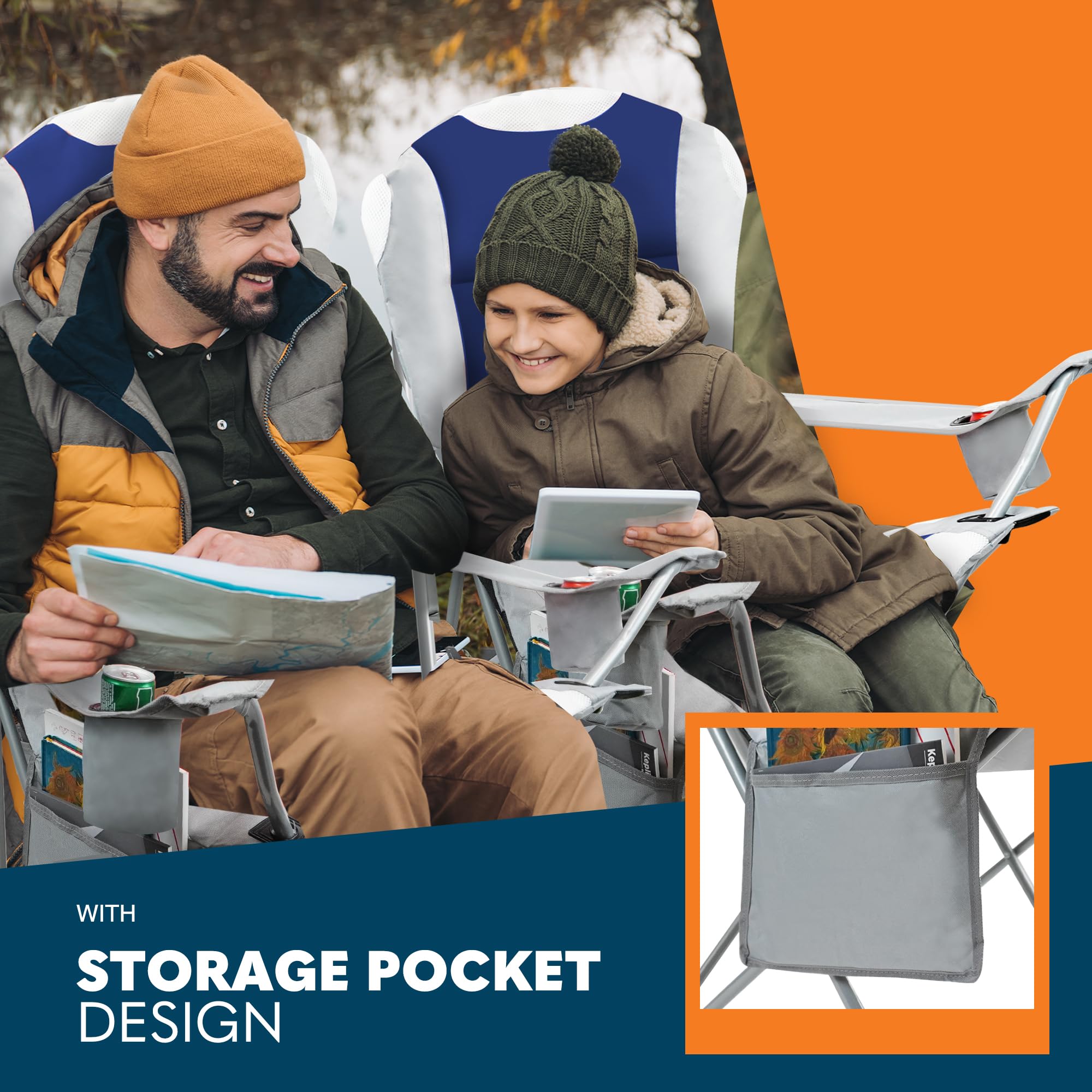 Voyager Folding Camping Chairs 2 Pack with Cooler Bag, Lightweight Q195 Steel Frame, 600D Oxford Fabric, Portable & Comfortable - Black (Black, Padded)