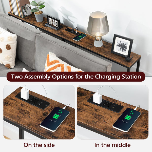 MAHANCRIS Console Table with Power Outlet, 180 CM Narrow Sofa Table, Industrial Entryway Table with USB Ports, Behind Couch Table for Entryway,