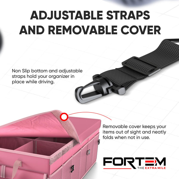 FORTEM Car Boot Organiser, Collapsible Multi Compartment SUV Organizer, Foldable Storage for Car Accessories for Women Men, 600D Oxford, Non Slip Bottom, Securing Straps, Soft Cover (50L)