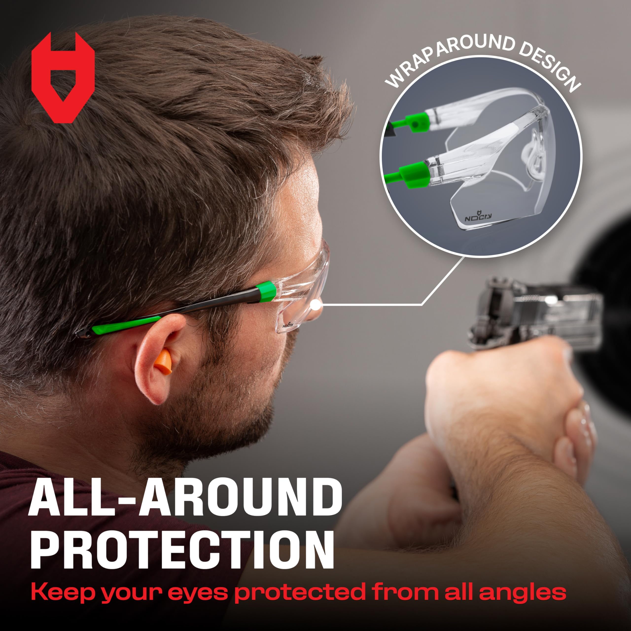 NoCry Clear Safety Glasses for Work with Anti Fog Scratch Resistant Wrap-Around Lenses and Non-Slip Grips, UV Protection. Adjustable Eye Protection Cycling and Squash Glasses with Black & Green Frames