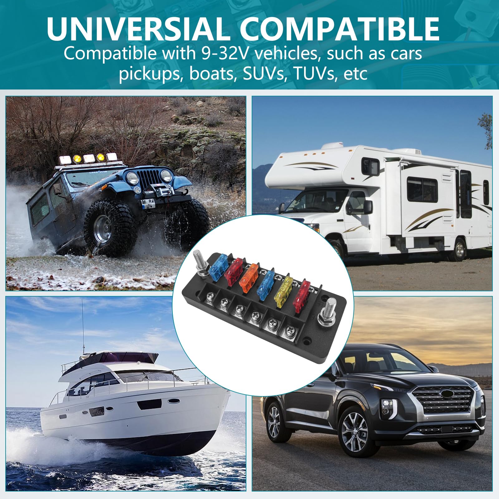 Chelhead 6 Way Boat Fuse Block with LED Indicator 6 Circuit Blade Fuse Blocks 12 Volt Automotive Waterproof with Negative Bus Suitable for 12V/24V Car RV Trailer Truck