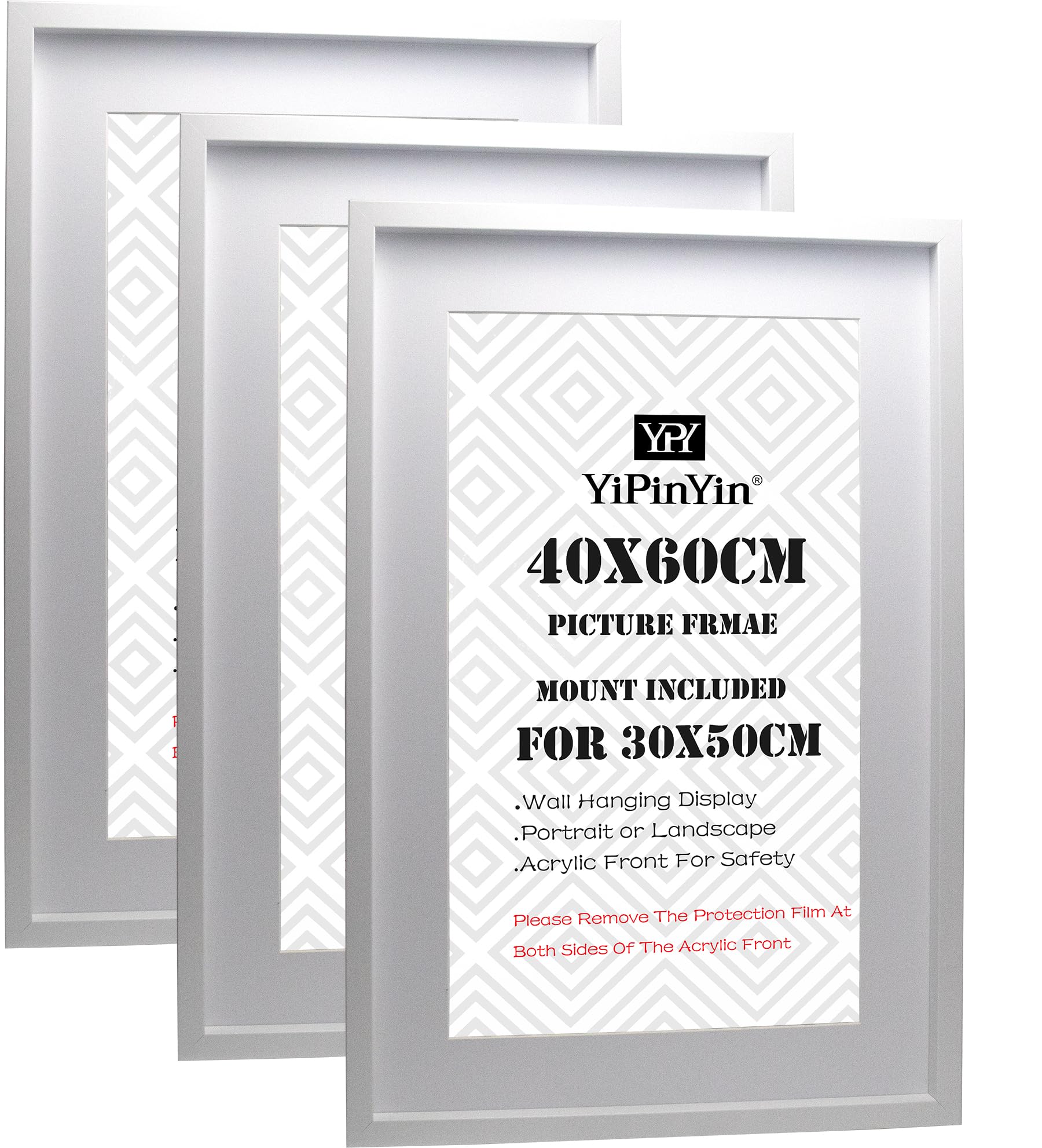 Black 50x70cm Boxed Picture Frames Set of 3 with Mounts for 40x60cm, 70x50cm poster frame with Acid Free mount for 40x60cm photo (Black 3Pack)