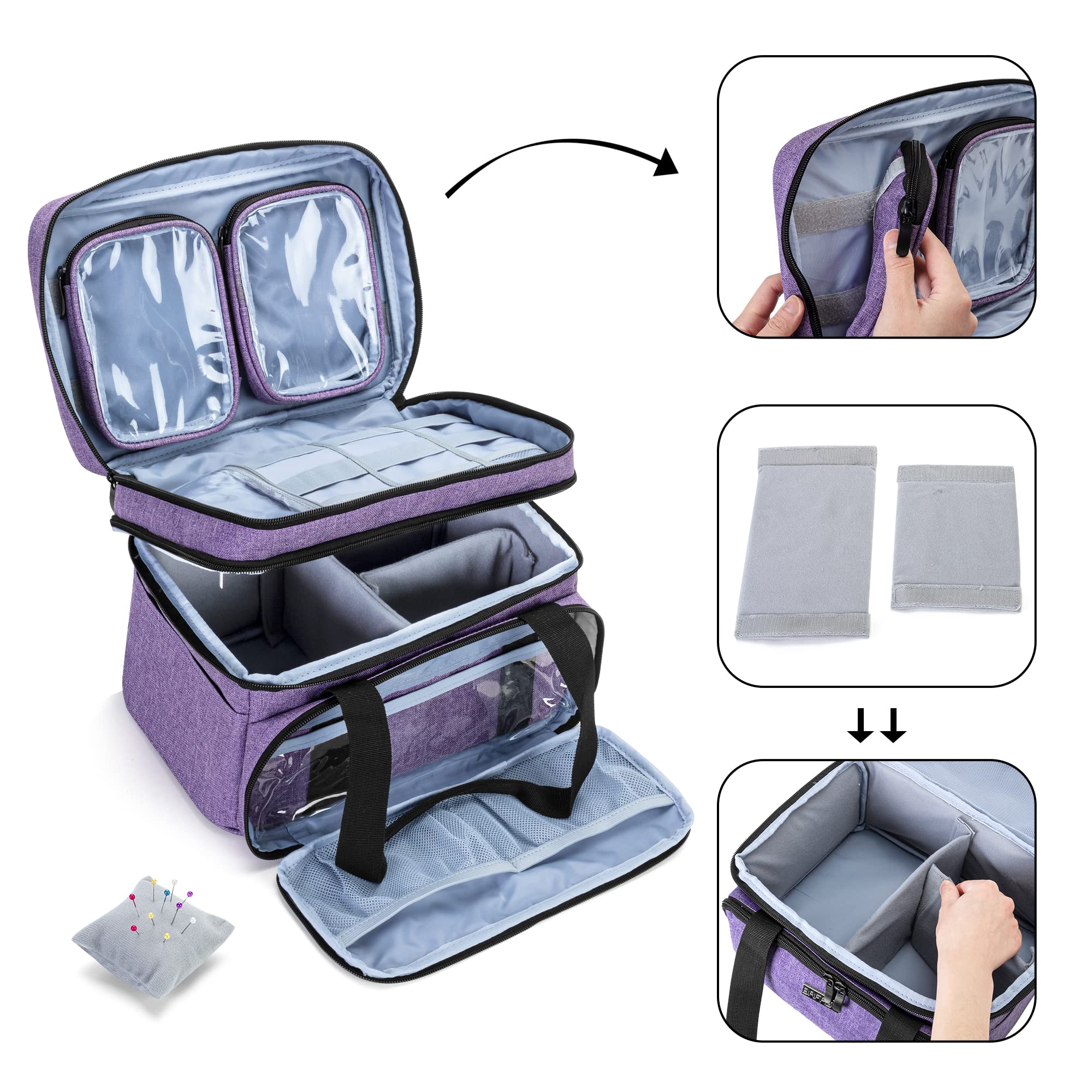 BAFASO Double Layer Sewing Accessories Organiser with 2 Detachable Pouches, Large Sewing Storage Bag for Sewing Tools, Purple