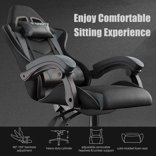 bigzzia Ergonomic Gaming Chair - Gamer Chairs with Lumbar Cushion + Headrest, Height-Adjustable Office & Computer Chair for Adults (without footrest, White)