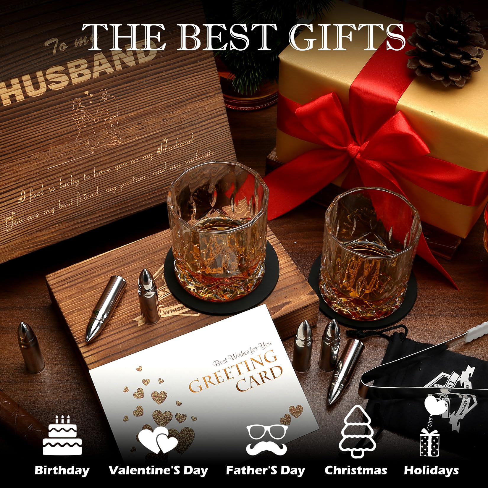 exreizst Whiskey gift sets for Men Husband Groomsmen Gifts Wedding Men Birthday Gift Ideas from Wife - Stainless Steel Whiskey Stones & whisky gift