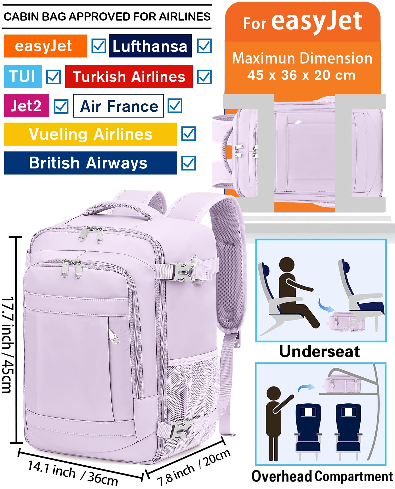 KLOSTAIN for Easyjet Cabin Bag 45x36x20 Travel Backpack Hand Luggage Carry-ons Bag Laptop Backpack Ruscksack for Airplanes Flight New Easyjet Underseat Cabin Bags Fit 14" Laptop Navy