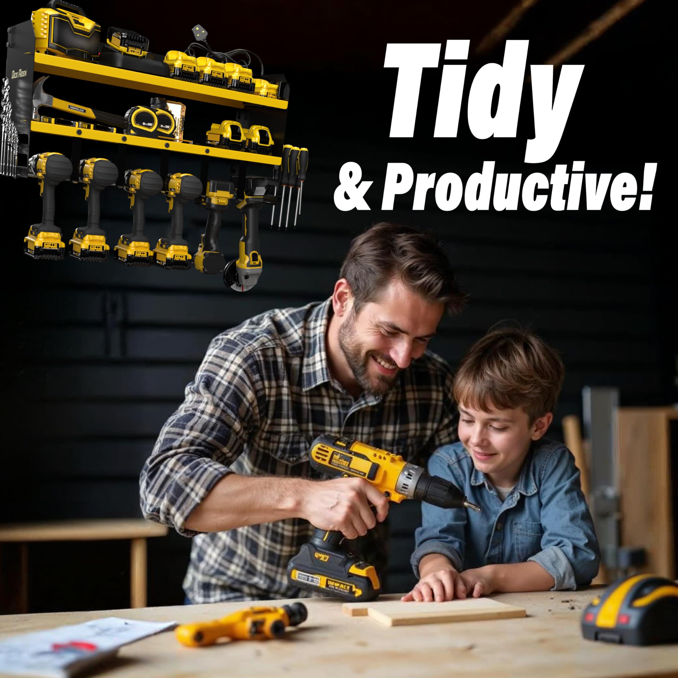 Toolganize Power Tool Organiser, Storage Rack with Power Strip Charging Station, Heavy-Duty for Workshop & Garage Tools - 4 Slot, Milwaukee Red.