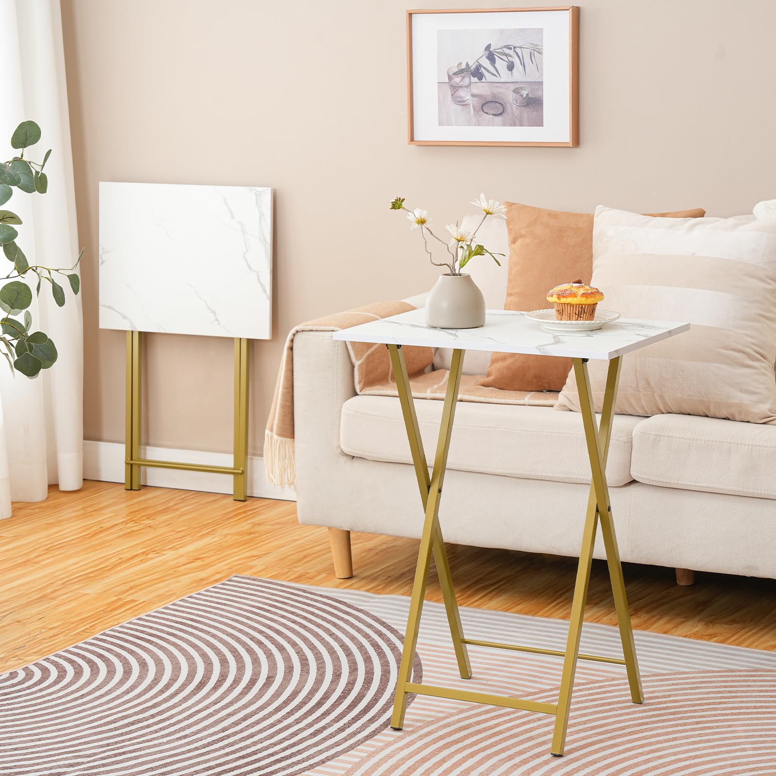 HOOBRO Folding Tables 2 Set, TV Tables for Eating Foldable, TV Tray Table, Small Sofa Laptop Dinner Table for Small Space, Metal Frame, Marble and