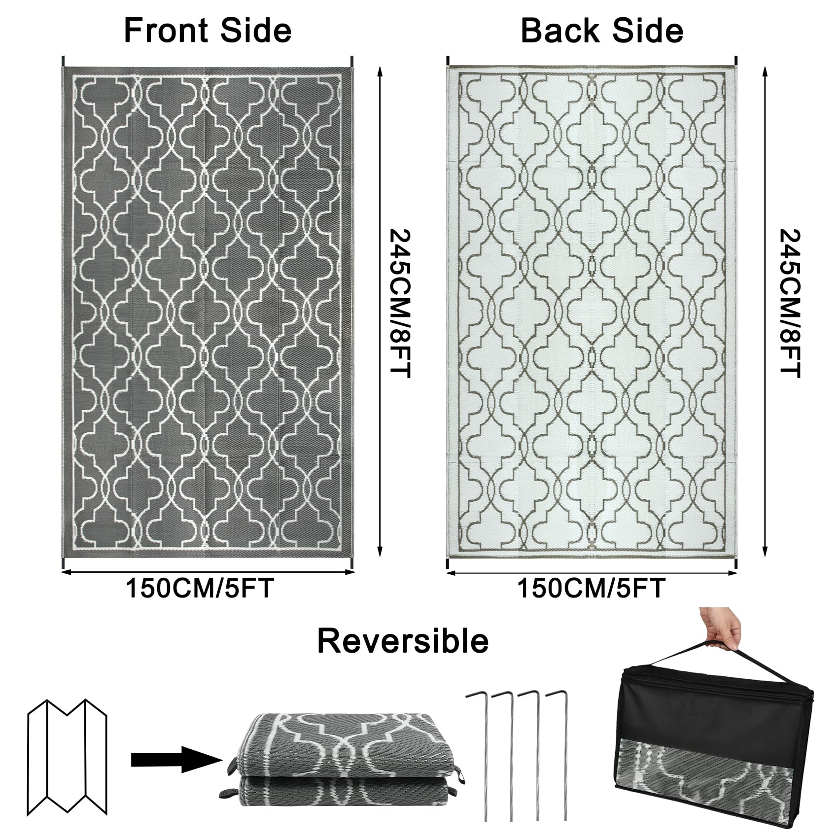 Cekene Large Outdoor Rug Waterproof Black 245x305cm Patio Rugs Reversible RV Camping Mat Lightweight Plastic Portable Outdoor Carpet for Picnic Porch Deck Backyard BBQ Beach